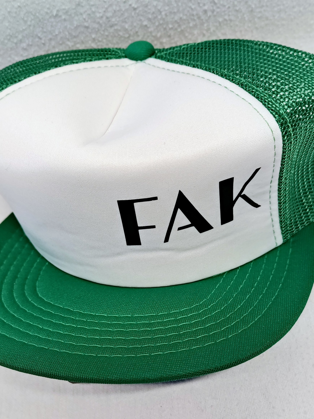 White and Deep Green 5-Panel Trucker Hat w Black Lettering